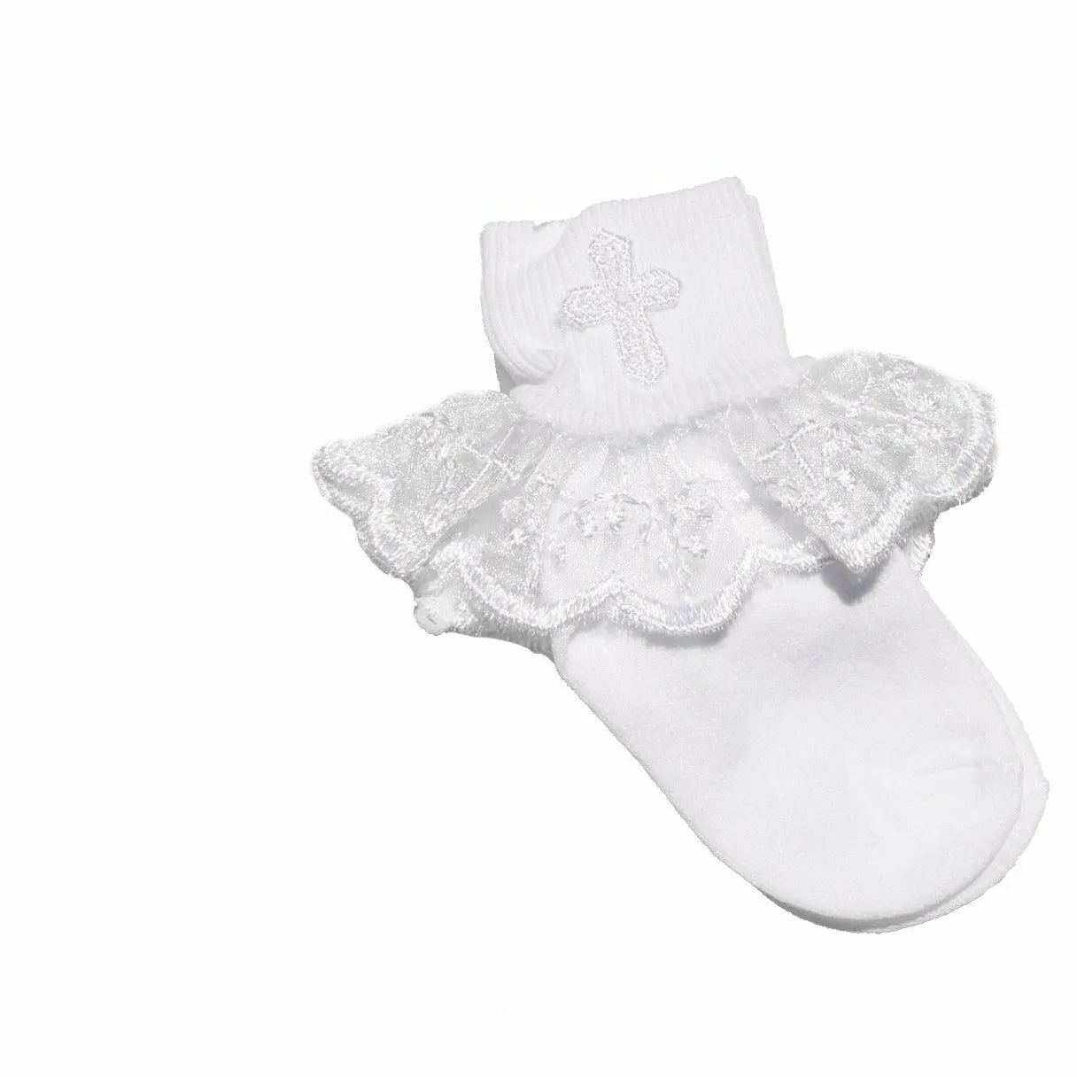 Christening Dedication Keepsake Gift Poetry Baby Girl Socks with Ruffled Anklet Lace Embroidered Cross Design (Size: Age 1-2)