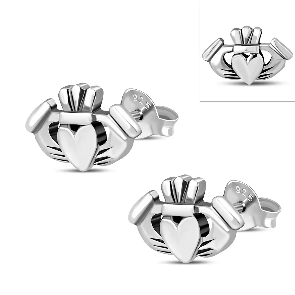 Claddagh Stud Plain Solid Silver Earrings