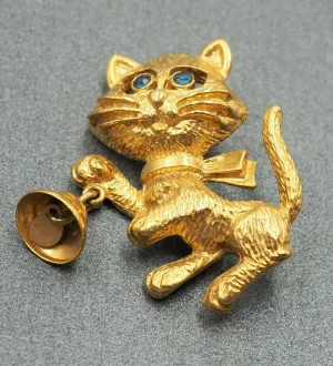 Collectable Avon Cat & Bell Rhinestone Gold Plated Brooch