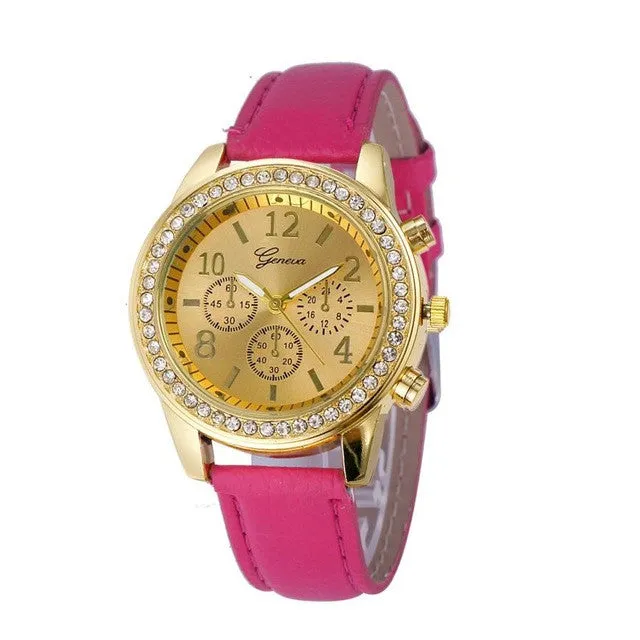 D6li Faux Chronograph Quartz Classic Round Ladies Women Crystals Watch Feb22