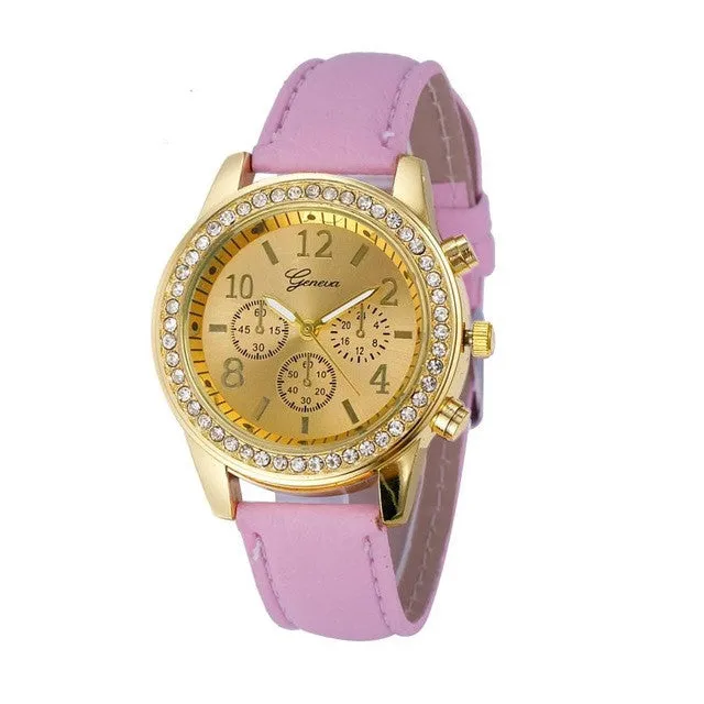 D6li Faux Chronograph Quartz Classic Round Ladies Women Crystals Watch Feb22