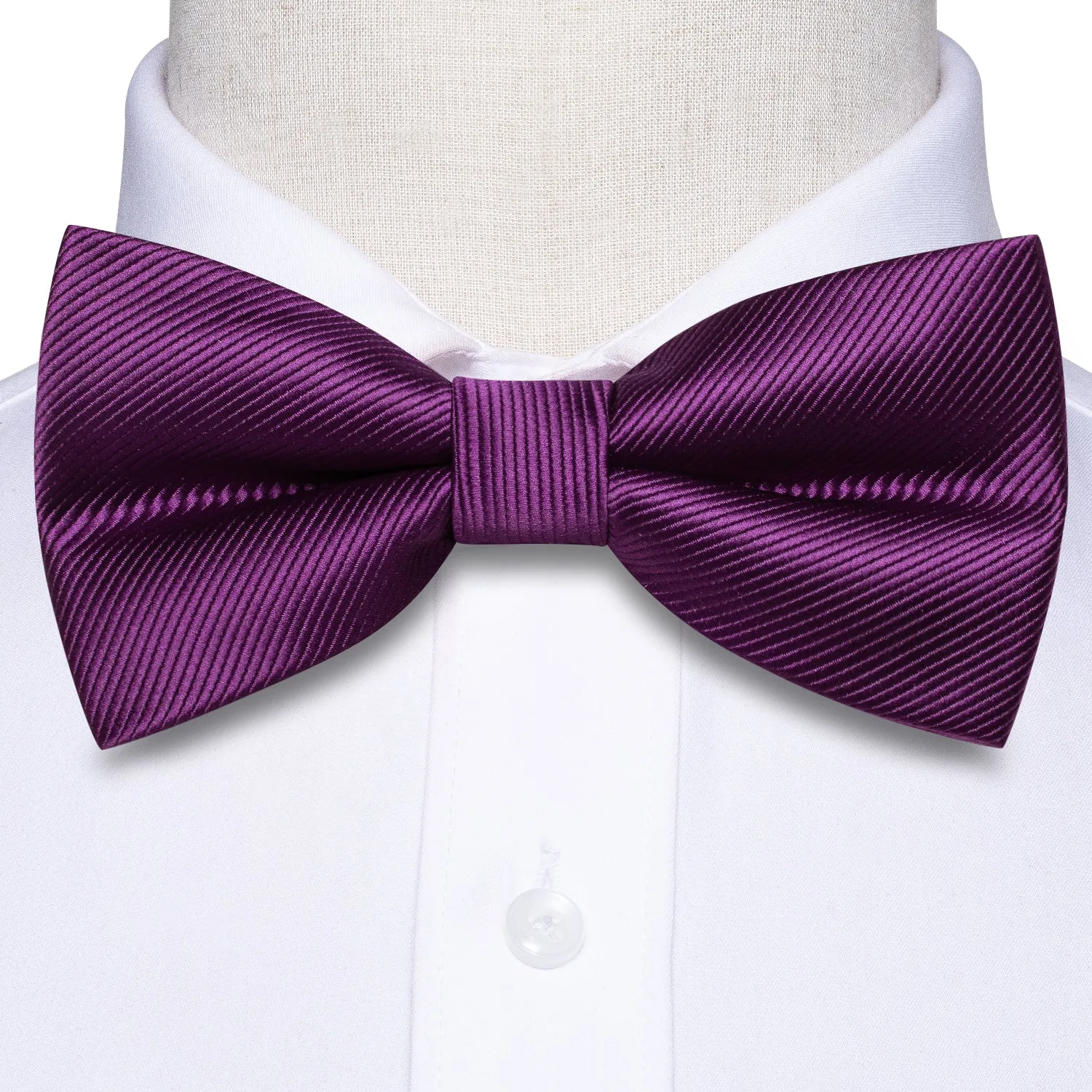 Dark Purple Striped Pre-tied Bow Tie Hanky Cufflinks Set