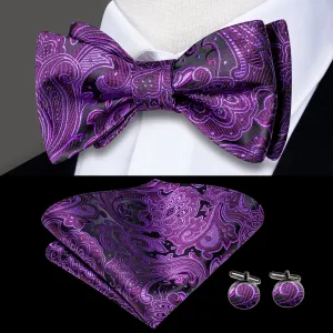 Deep Purple Black Paisley Silk Self-tied Bow Tie Pocket Square Cufflinks Set