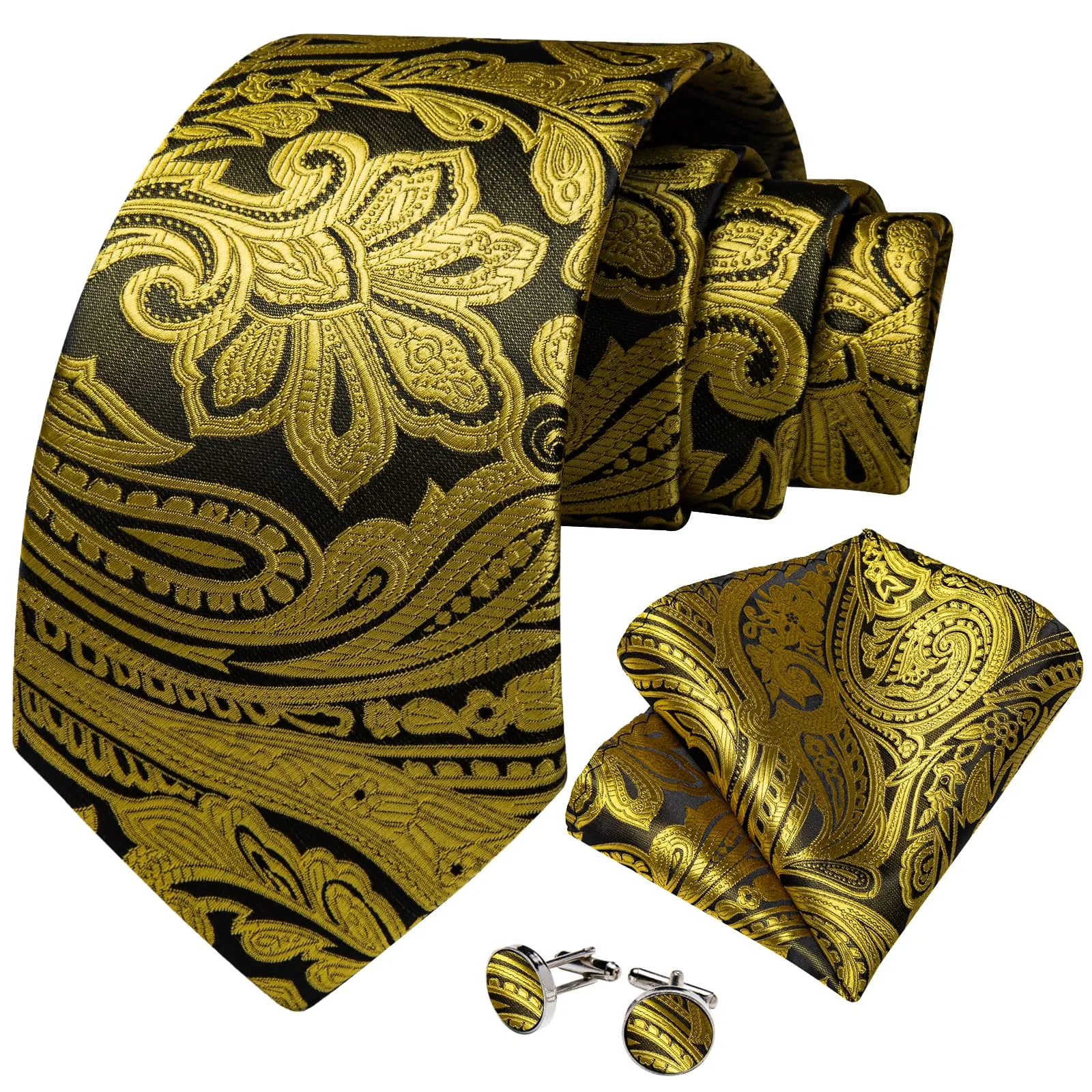 DiBanGu Copper Gold Paisley Silk Mens Tie Pocket Square Cufflinks Set