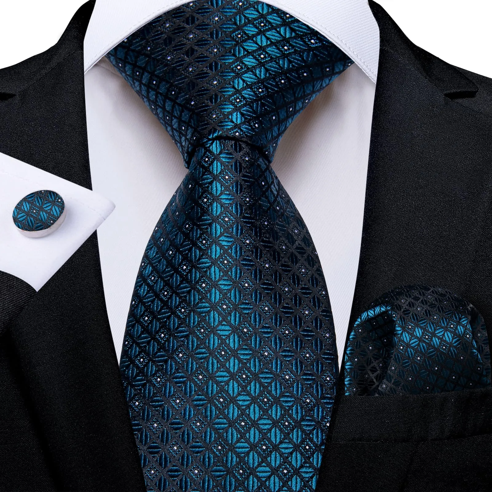 DiBanGu Dress Tie Dark Cyan Plaid Men's Silk Tie Pocket Square Cufflinks Set