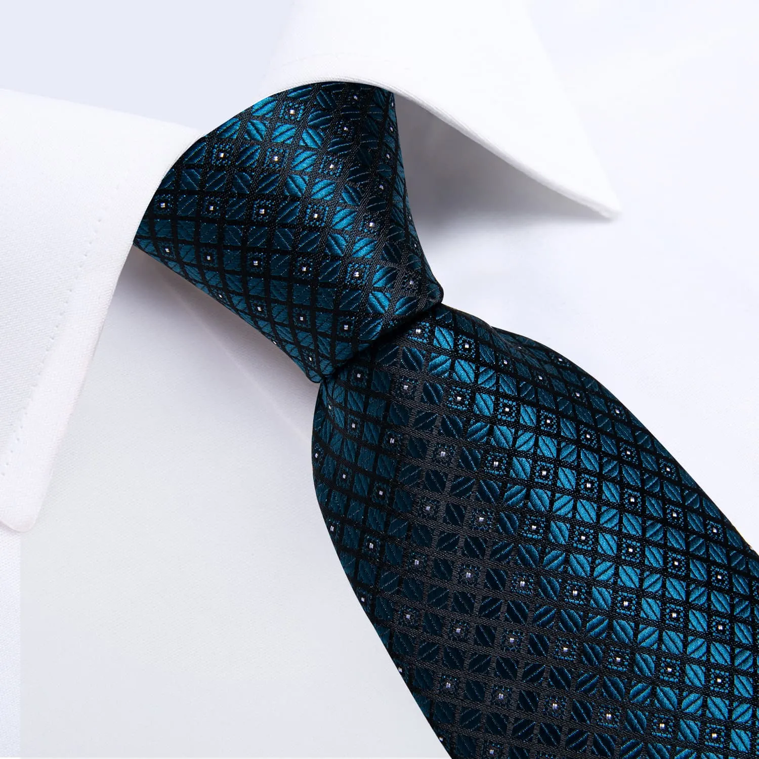 DiBanGu Dress Tie Dark Cyan Plaid Men's Silk Tie Pocket Square Cufflinks Set