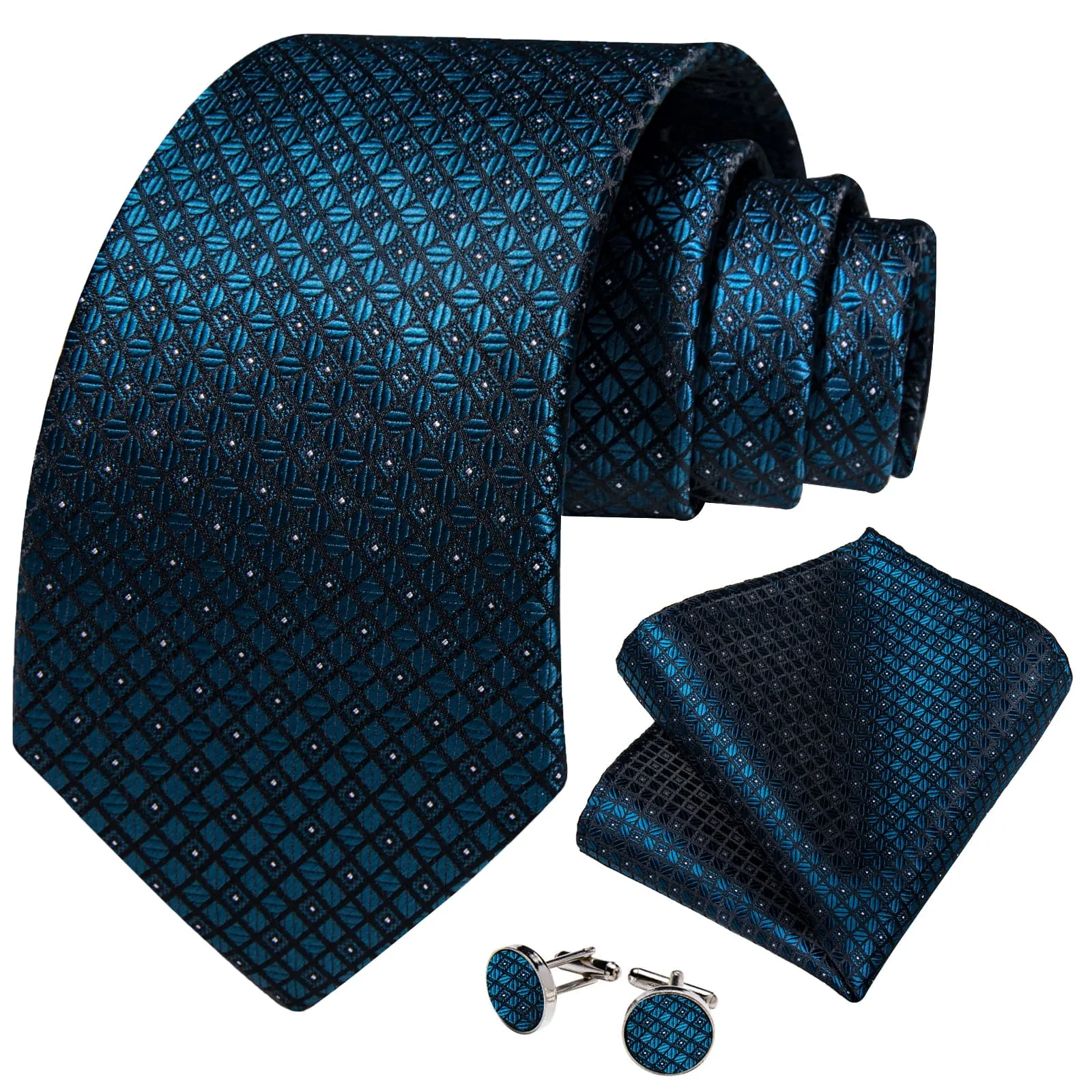 DiBanGu Dress Tie Dark Cyan Plaid Men's Silk Tie Pocket Square Cufflinks Set