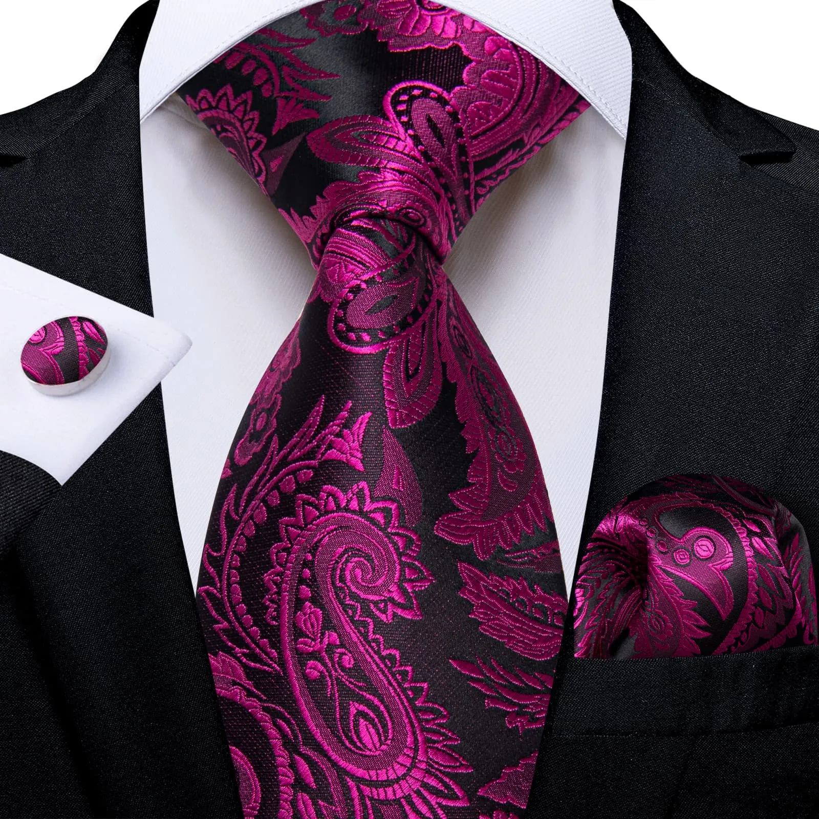 DiBanGu Dress Tie Deep Purple Black Paisley Mens Silk Business Tie Handkerchief Cufflinks Set