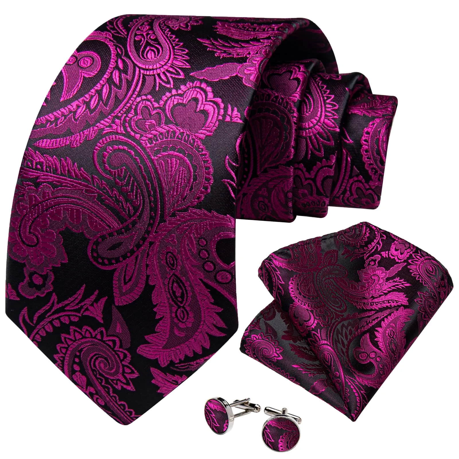 DiBanGu Dress Tie Deep Purple Black Paisley Mens Silk Business Tie Handkerchief Cufflinks Set