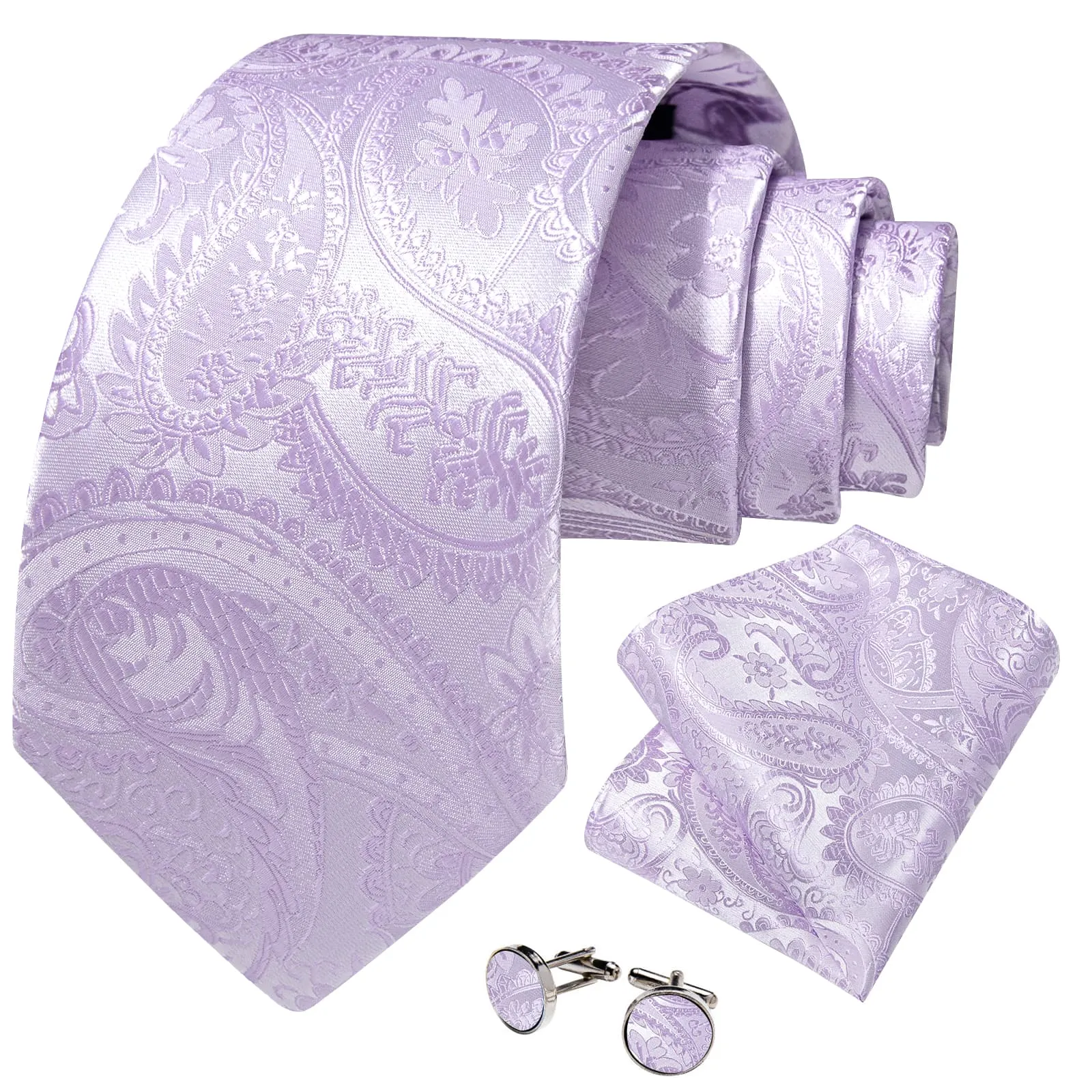 DiBanGu Dress Tie Lavender Purple Paisley Men's Silk Tie Hanky Cufflinks Set