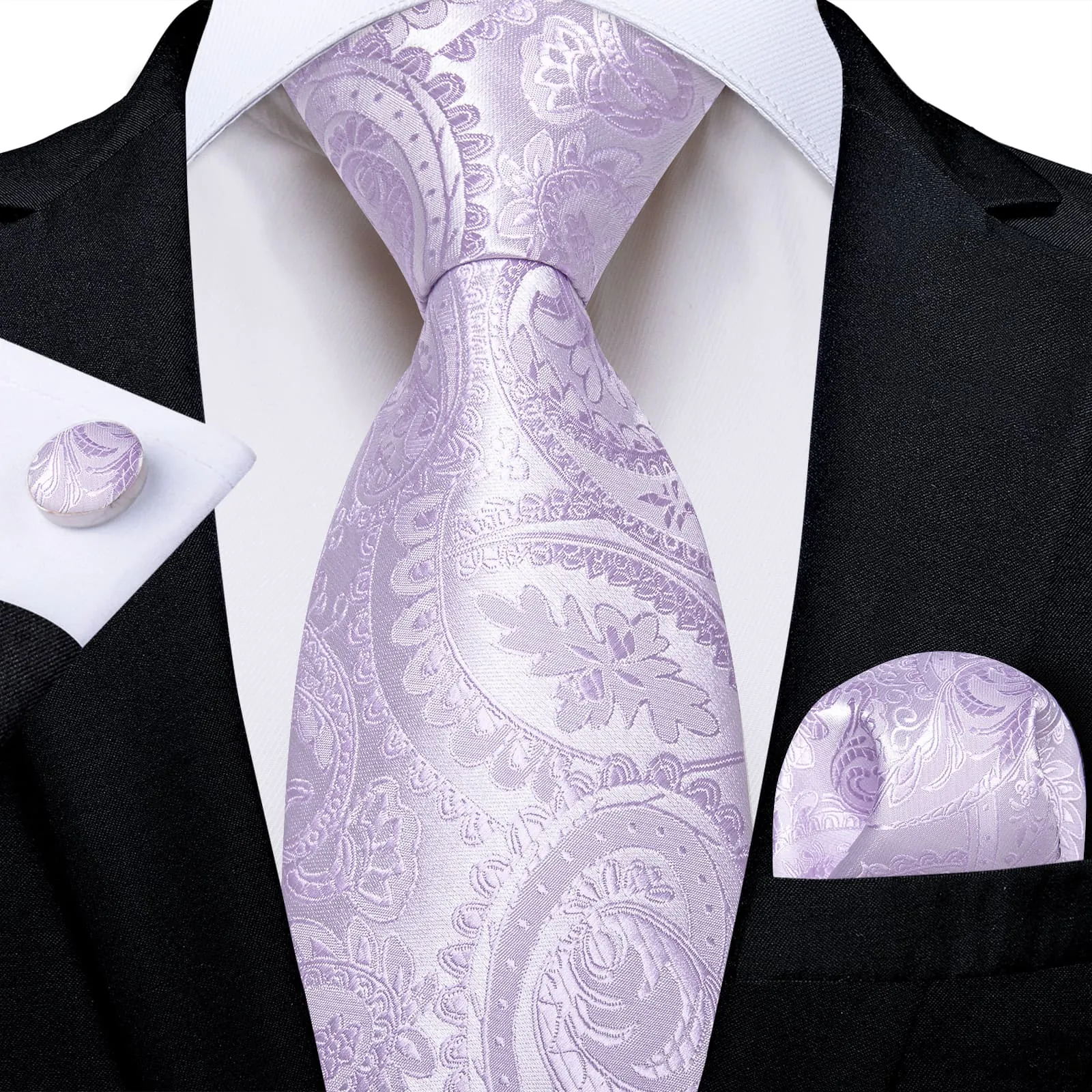 DiBanGu Dress Tie Lavender Purple Paisley Men's Silk Tie Hanky Cufflinks Set