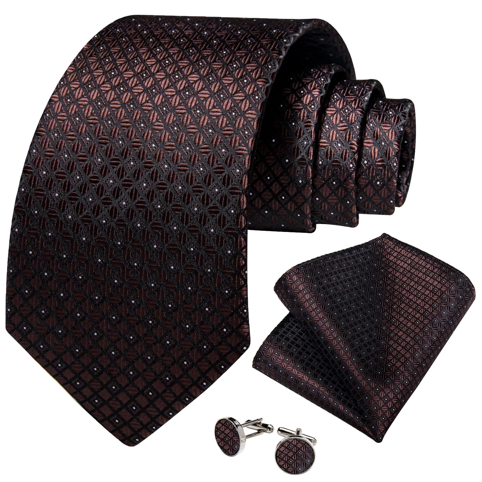 DiBanGu Dress Tie Pecan Brown Plaid Men's Silk Tie Pocket Square Cufflinks Set