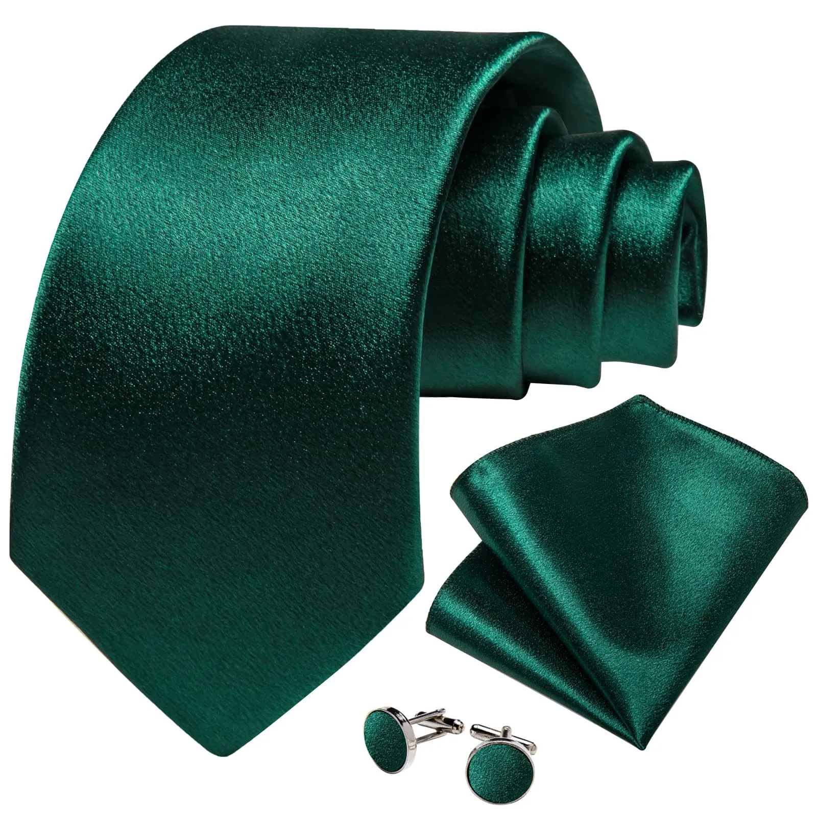 DiBanGu Silk Tie Shining Deep Green Solid Mens Formal Work Dresses Tie Handkerchief Cufflinks Set