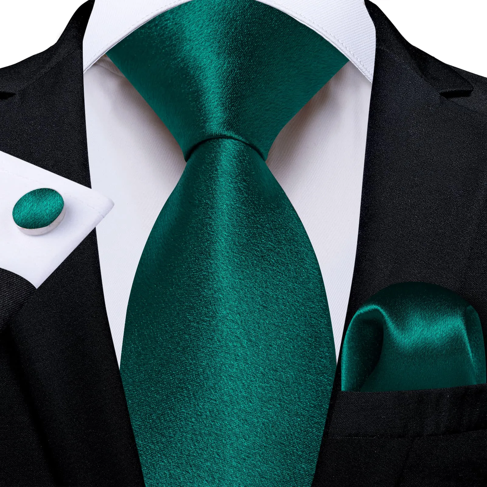 DiBanGu Silk Tie Shining Pine Green Solid Mens Tuxedo Work Dresses Tie Handkerchief Cufflinks Set