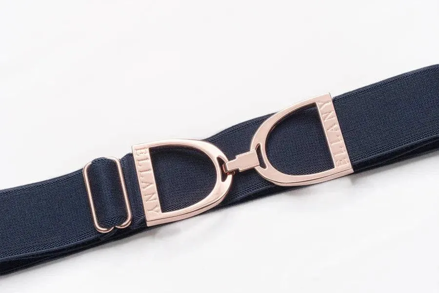 ELLANY - Navy  - 1.5" Rose Gold Stirrup Elastic Belt