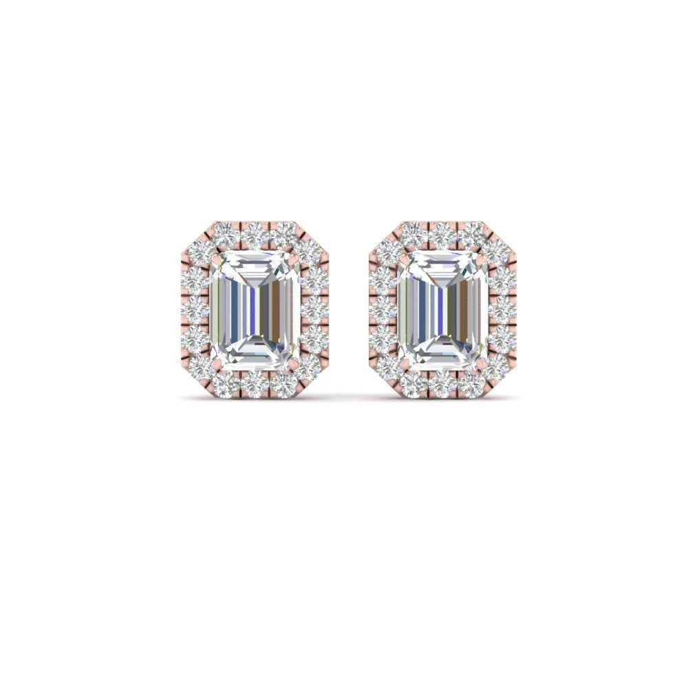 Emerald Cut Halo Lab Diamond Stud Earring For Women In 14K Gold