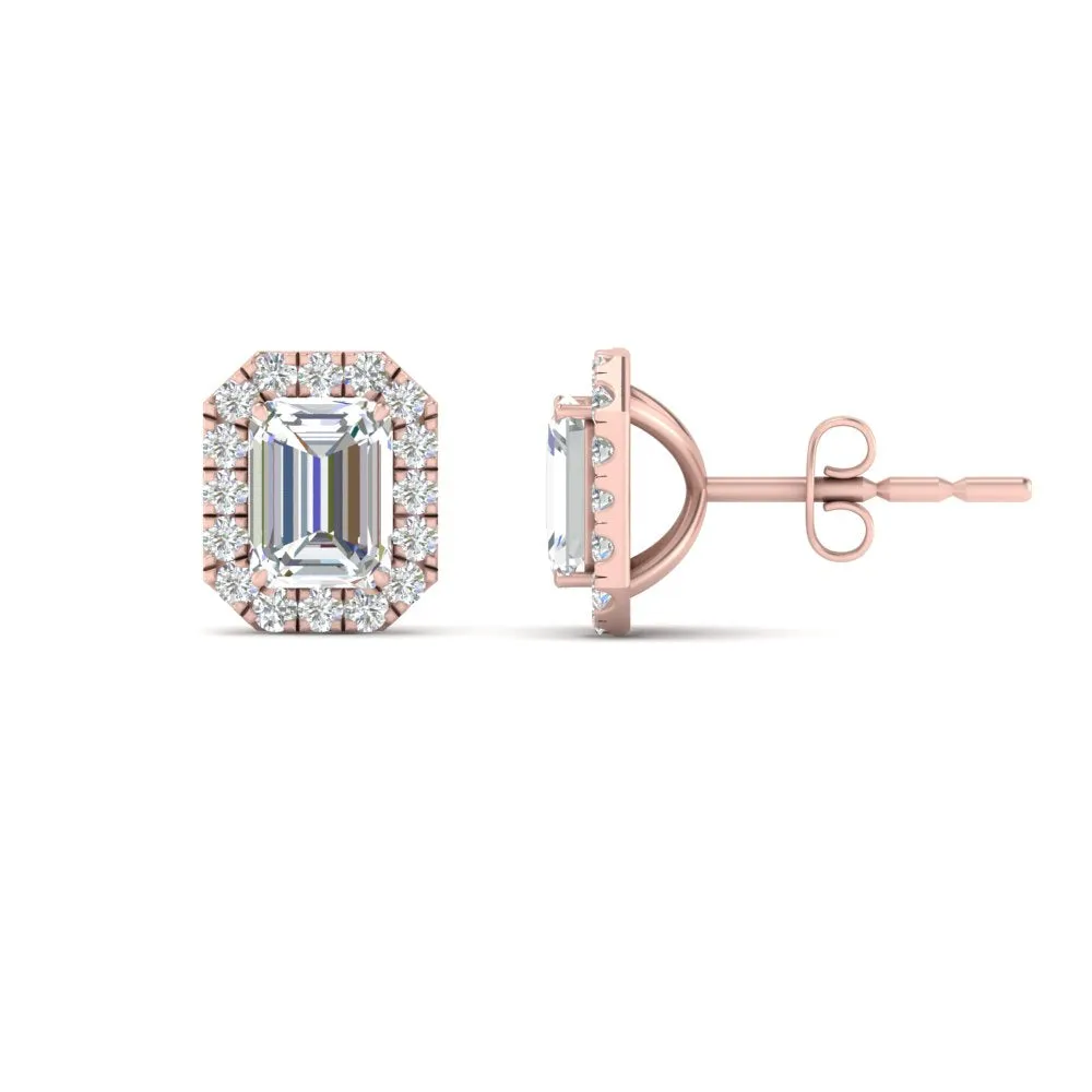 Emerald Cut Halo Lab Diamond Stud Earring For Women In 14K Gold