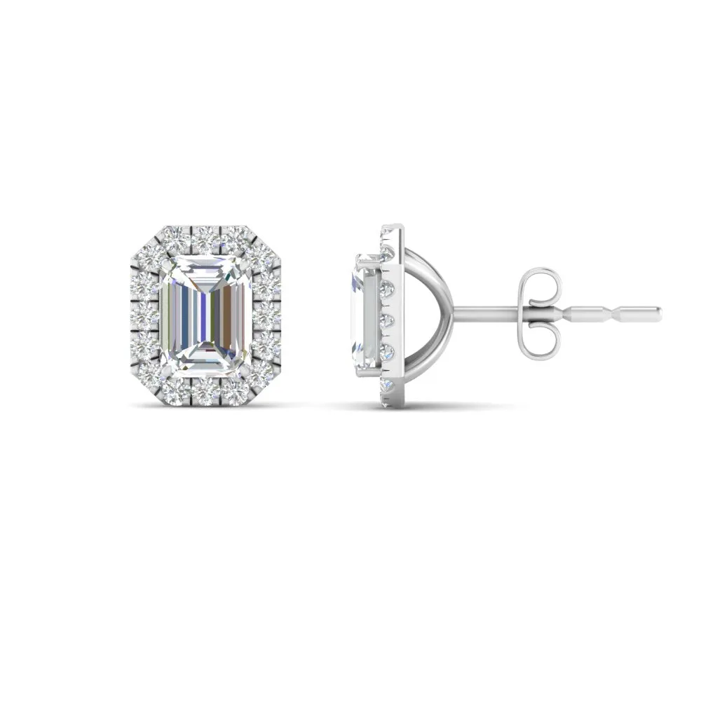 Emerald Cut Halo Lab Diamond Stud Earring For Women In 14K Gold