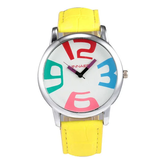 Fashion Jinnaier women's Girl colorful large number dial style Leather strap quartz wrist watch J08