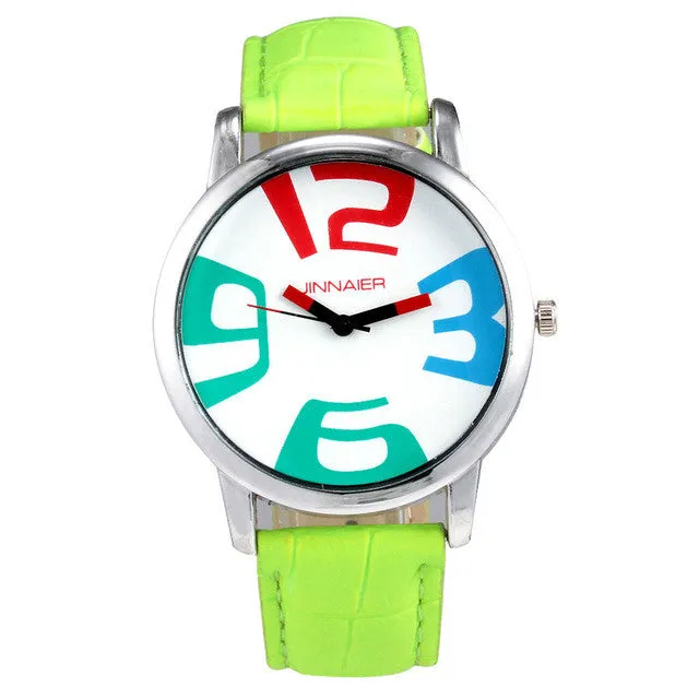 Fashion Jinnaier women's Girl colorful large number dial style Leather strap quartz wrist watch J08