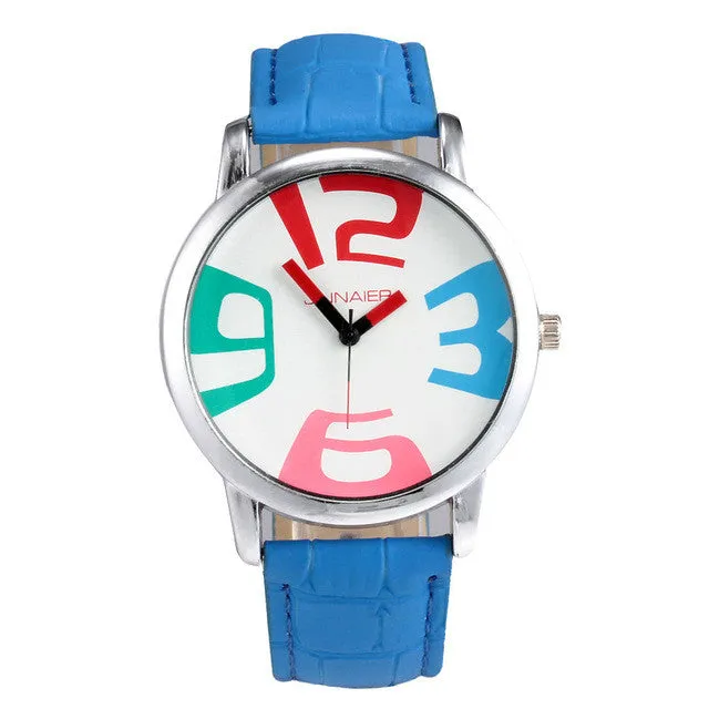 Fashion Jinnaier women's Girl colorful large number dial style Leather strap quartz wrist watch J08