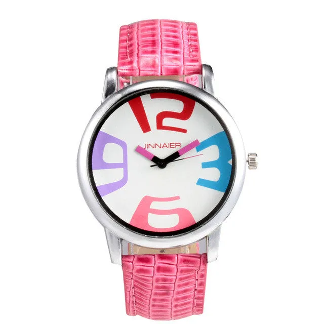 Fashion Jinnaier women's Girl colorful large number dial style Leather strap quartz wrist watch J08