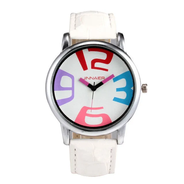 Fashion Jinnaier women's Girl colorful large number dial style Leather strap quartz wrist watch J08