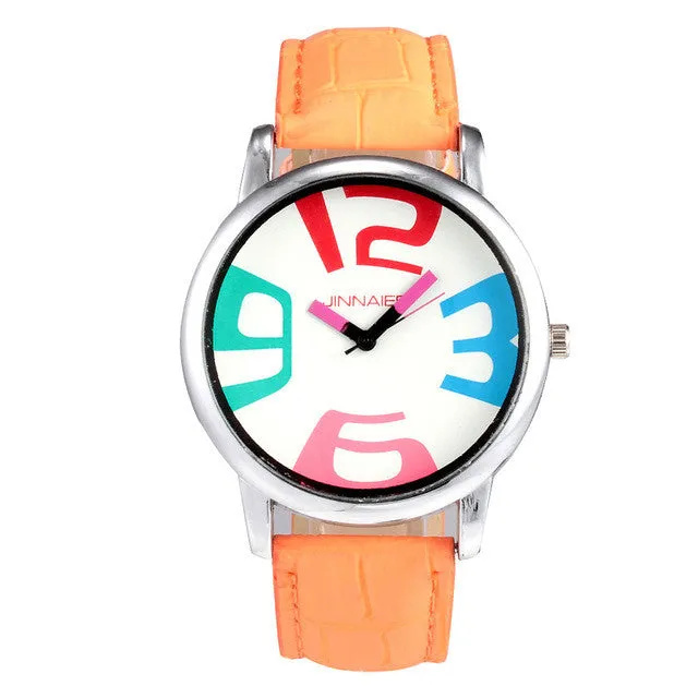 Fashion Jinnaier women's Girl colorful large number dial style Leather strap quartz wrist watch J08