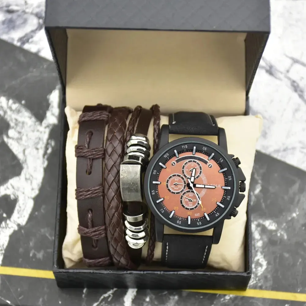 Fashion Mens Watch Set With Bracelets Top Brand Sport Quartz Watch Leather Waterproof Luminous Wirstwatch Sets Gift Box for Men