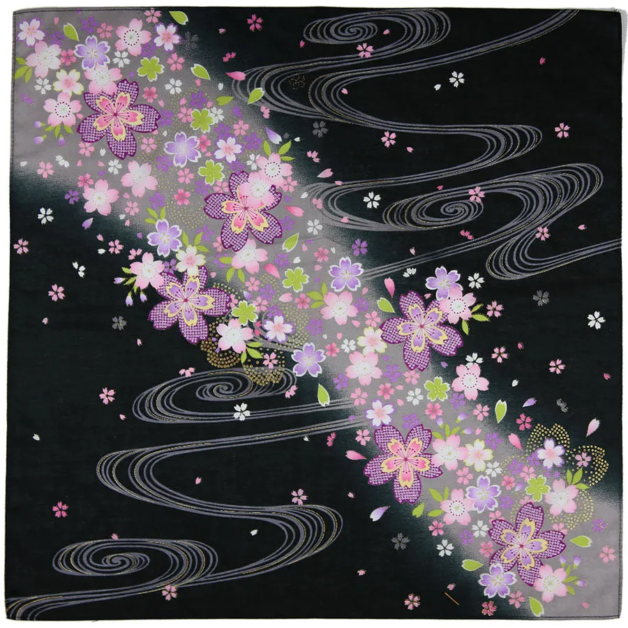 Floral Motif Cotton Handkerchief - Black