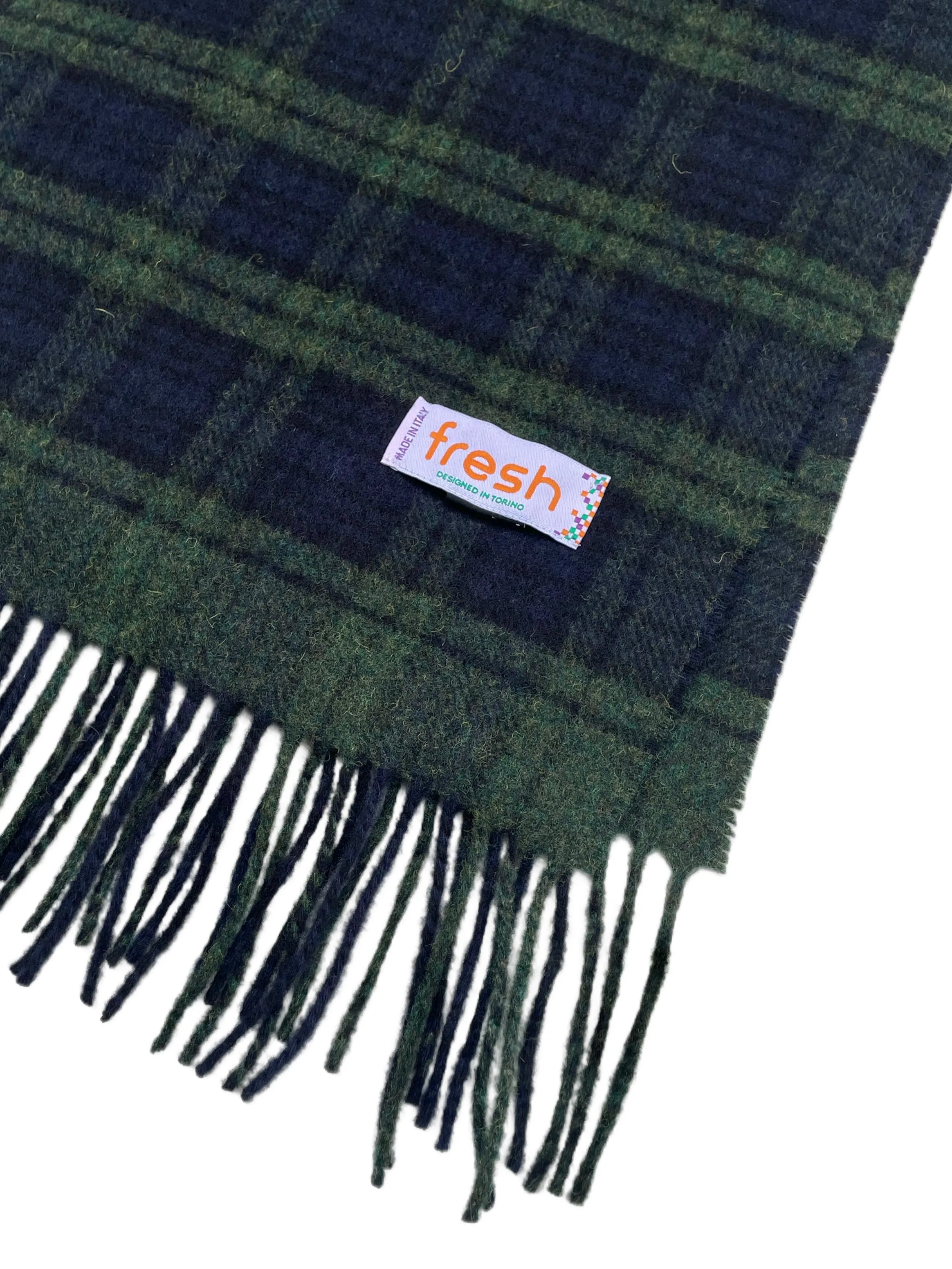 FRESH Navy Green Tartan Wool Scarf