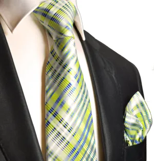 Green and Blue Patterned Silk Tie and Pocket Square