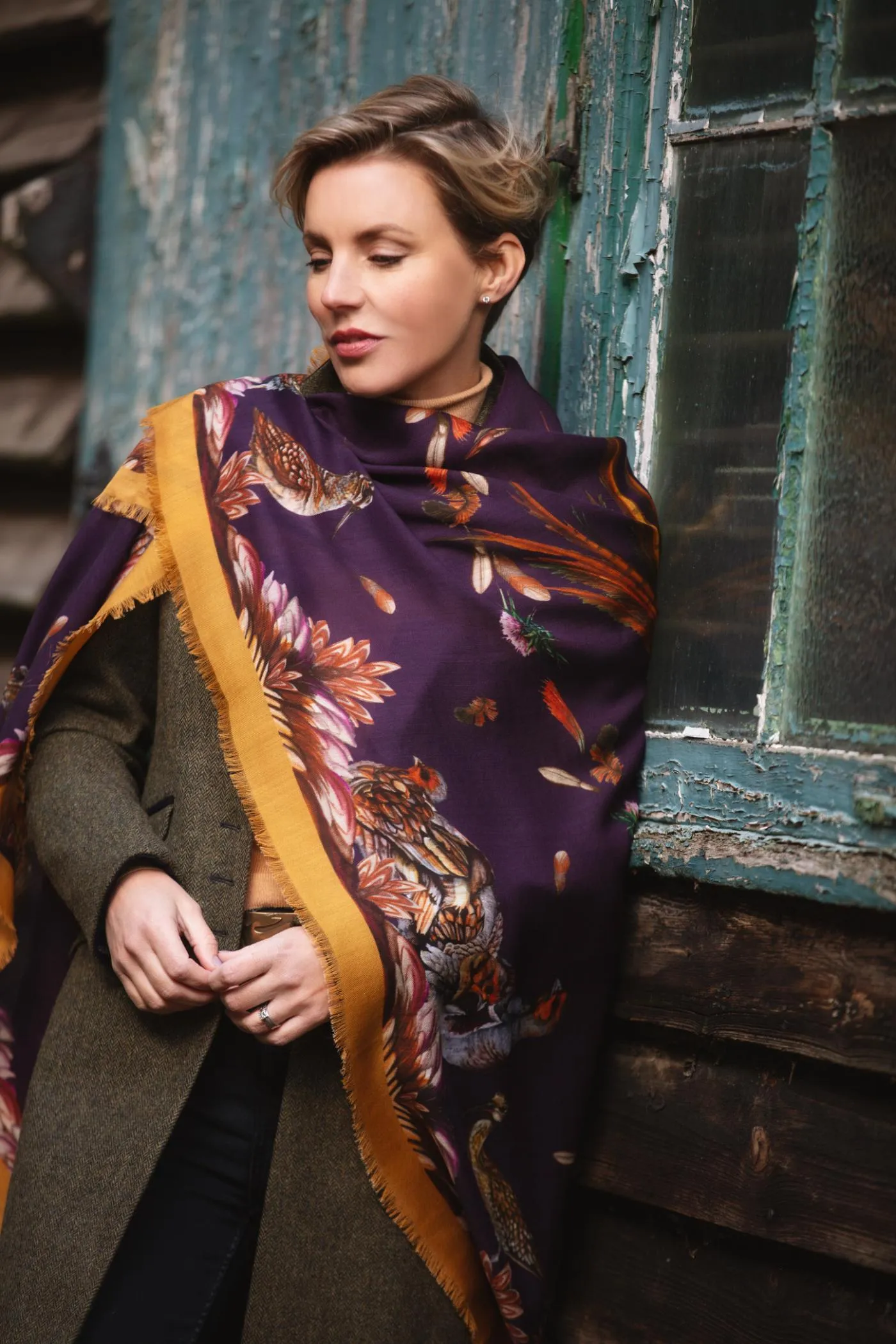 Grouse Misconduct Aubergine Purple and Gold Wool Silk Shawl