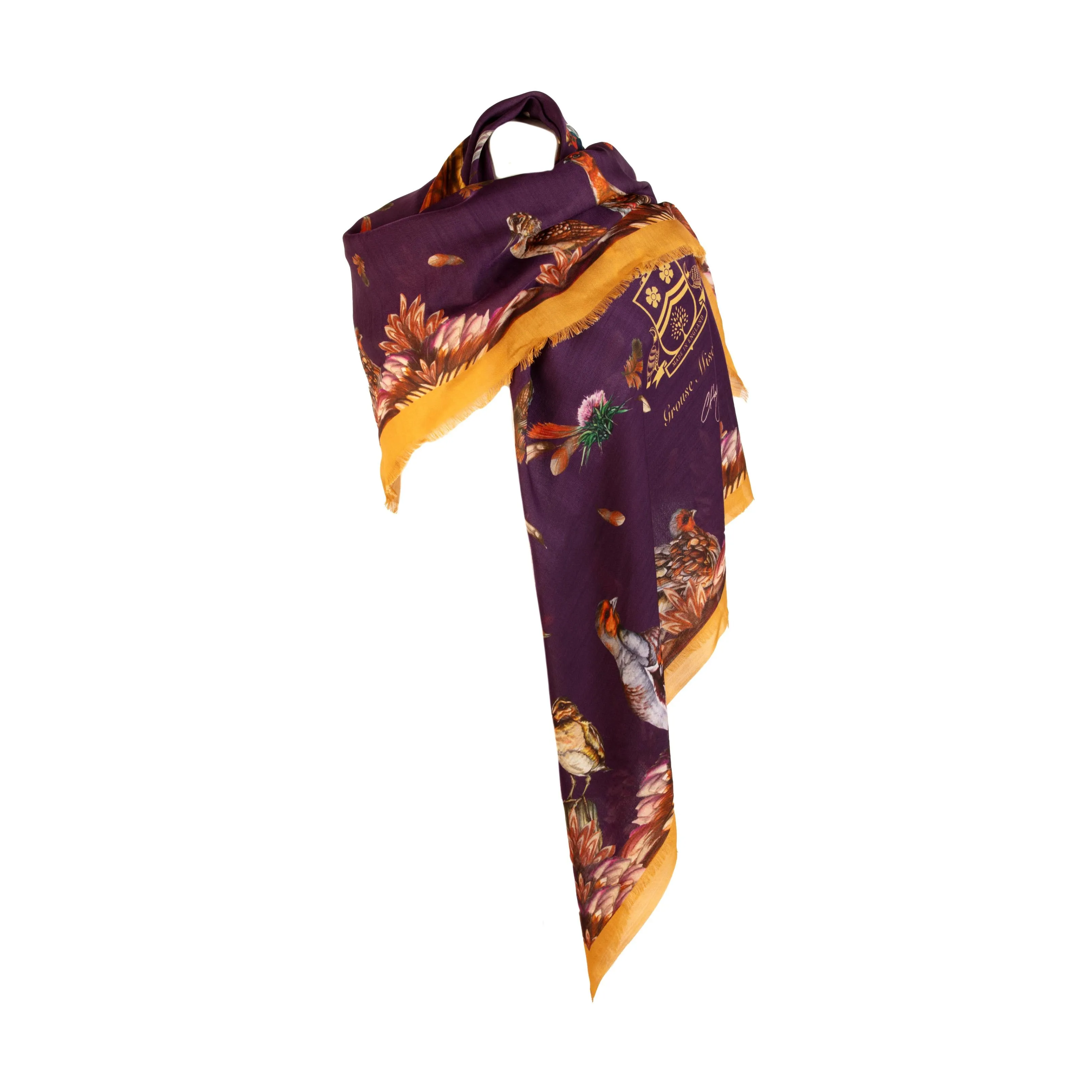 Grouse Misconduct Aubergine Purple and Gold Wool Silk Shawl