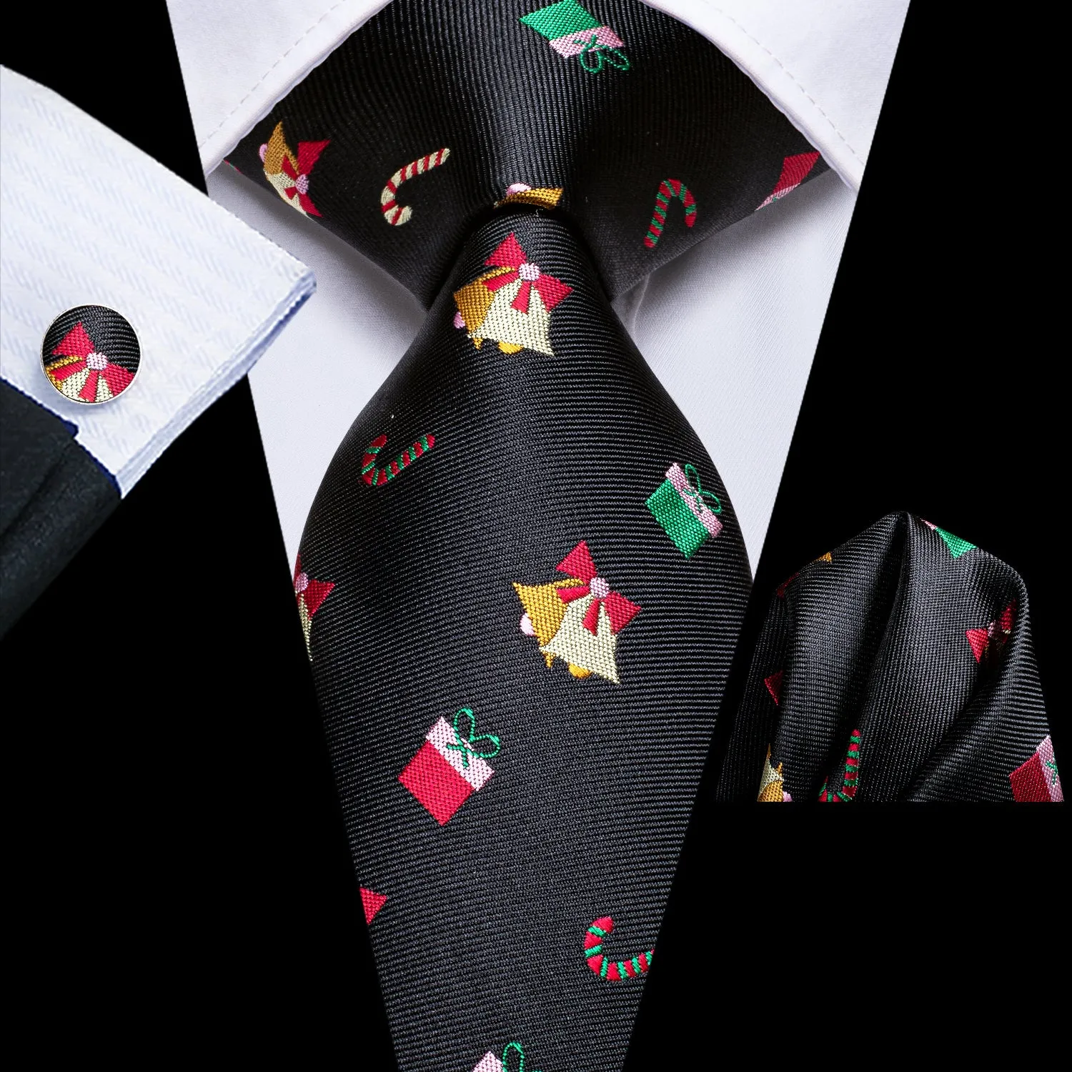 Hi-Tie Black Colorful Christmas Gift Tie Pocket Square Cufflinks Set