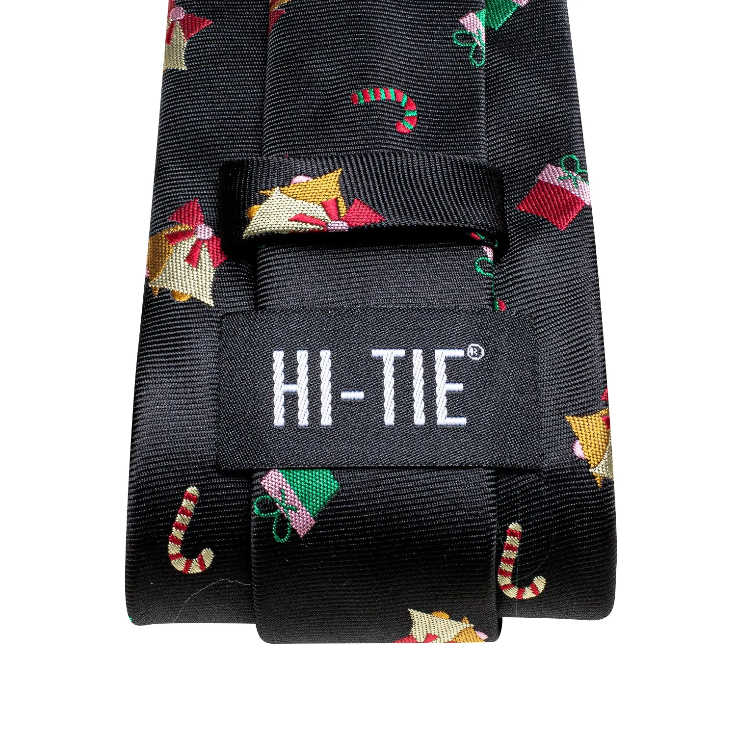 Hi-Tie Black Colorful Christmas Gift Tie Pocket Square Cufflinks Set