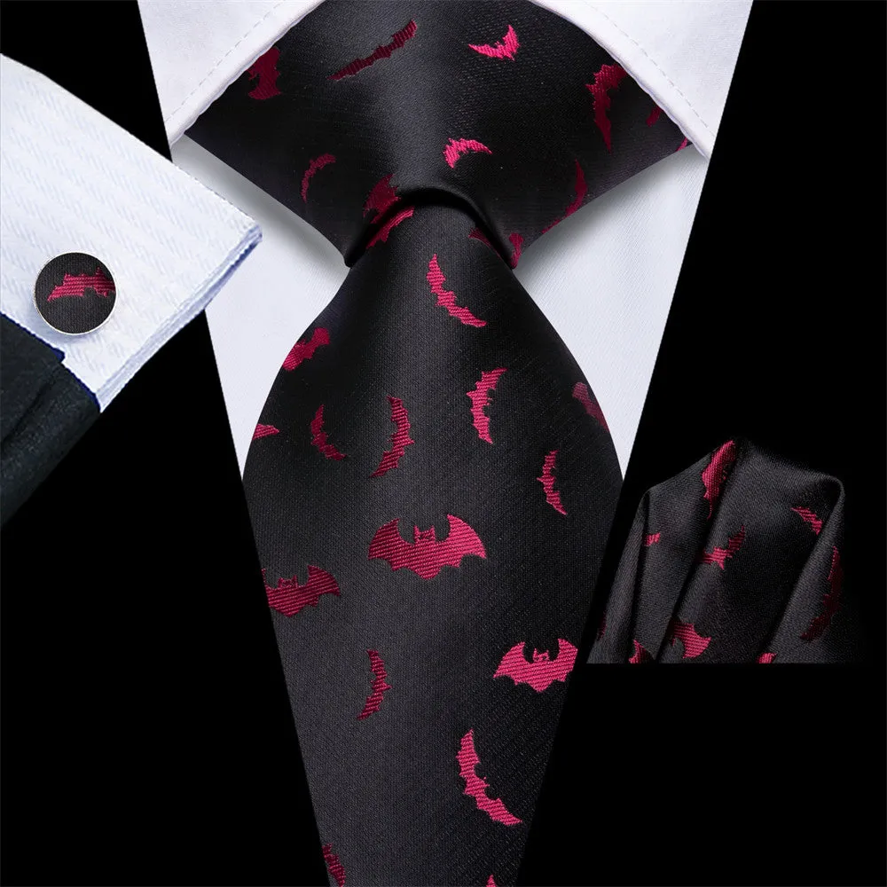 Hi-Tie Black Red Bat Necktie Pocket Square Cufflinks Set