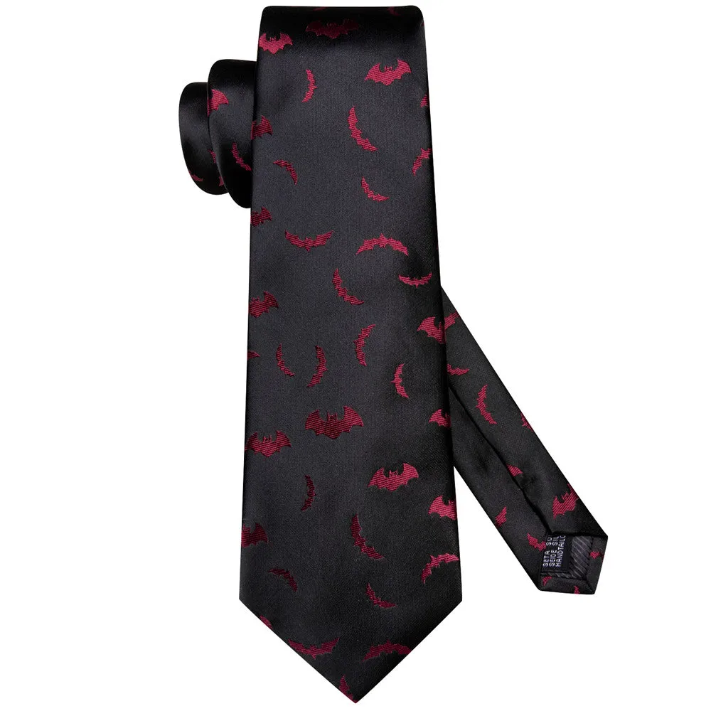 Hi-Tie Black Red Bat Necktie Pocket Square Cufflinks Set