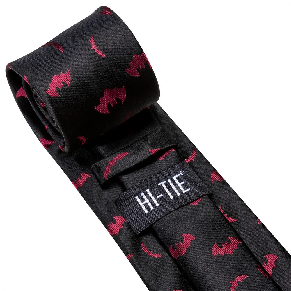 Hi-Tie Black Red Bat Necktie Pocket Square Cufflinks Set