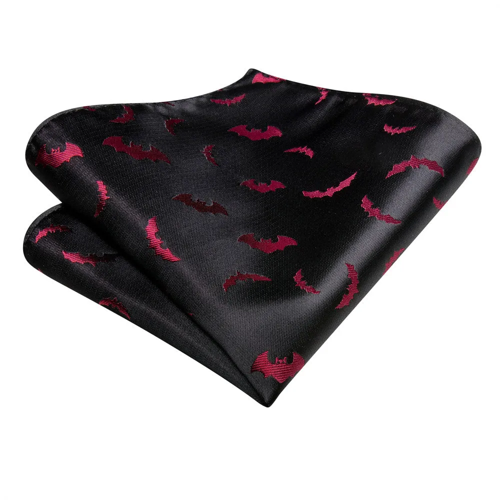 Hi-Tie Black Red Bat Necktie Pocket Square Cufflinks Set