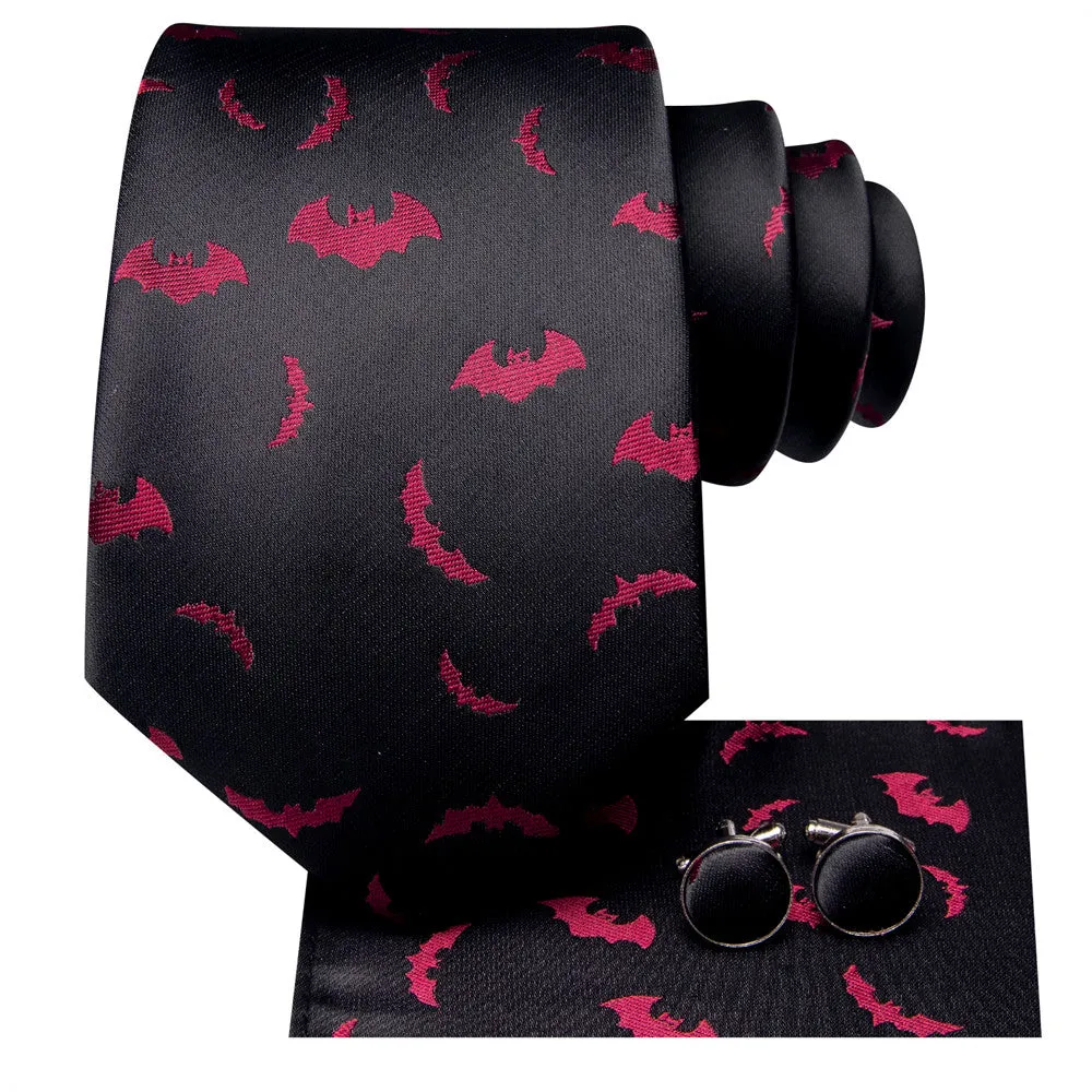 Hi-Tie Black Red Bat Necktie Pocket Square Cufflinks Set