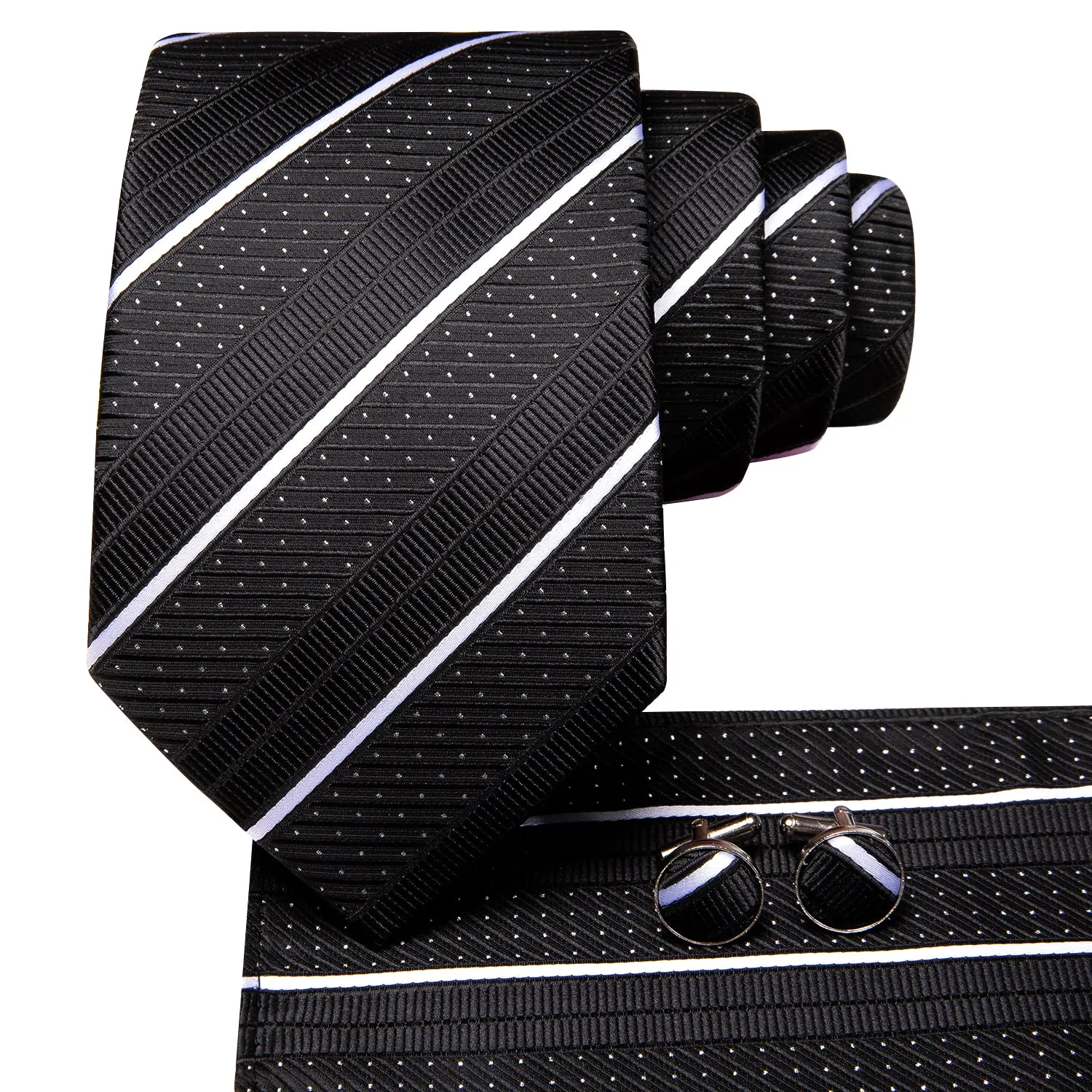 Hi-Tie Black Strip with White Dot Necktie Pocket Square Cufflinks Set