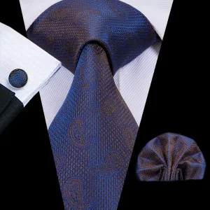 Hi-Tie Blue Necktie Navy Blue Paisley Tie Pocket Square Cufflinks Set