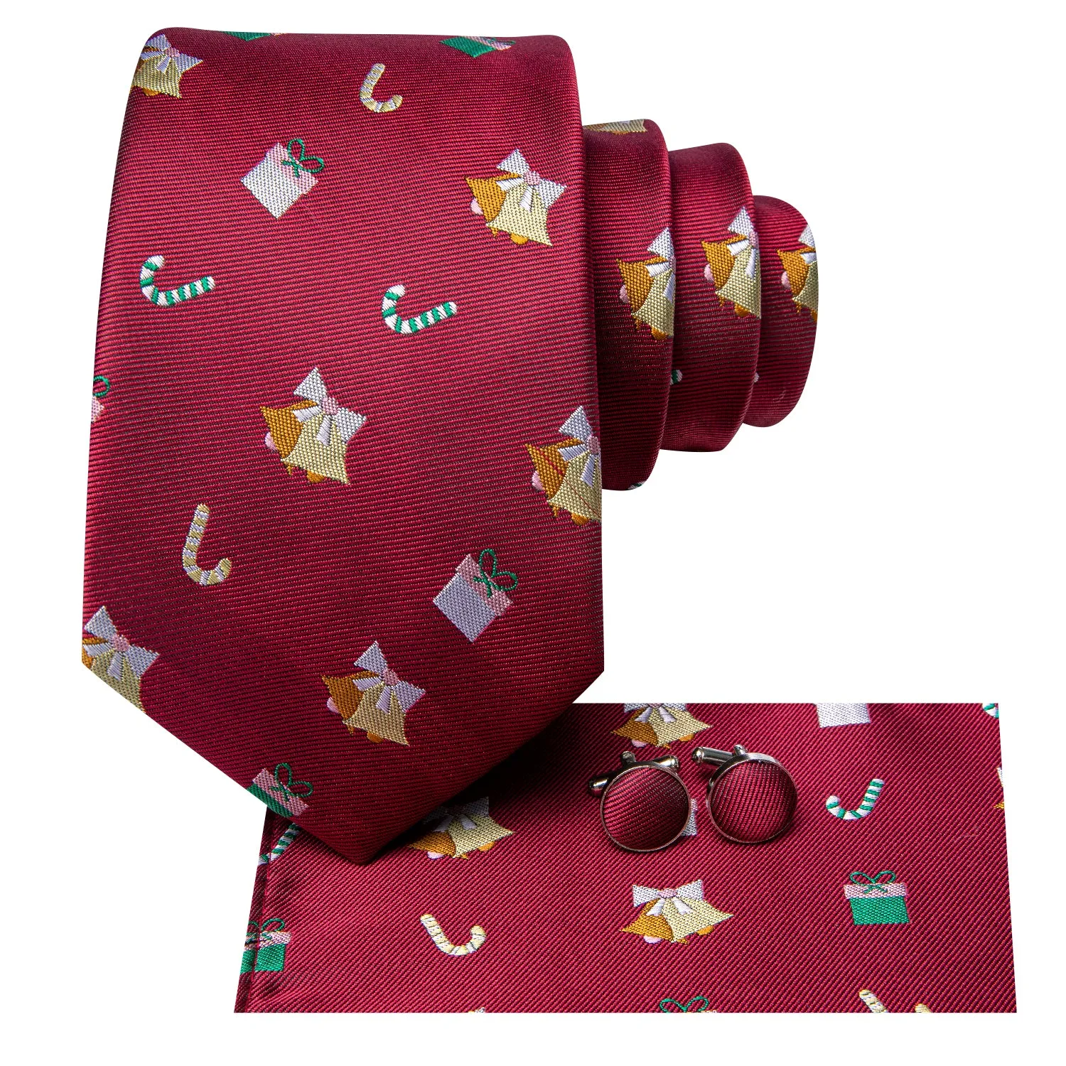 Hi-Tie Christmas Burgundy Red Novelty Men's Tie Hanky Cufflinks Set