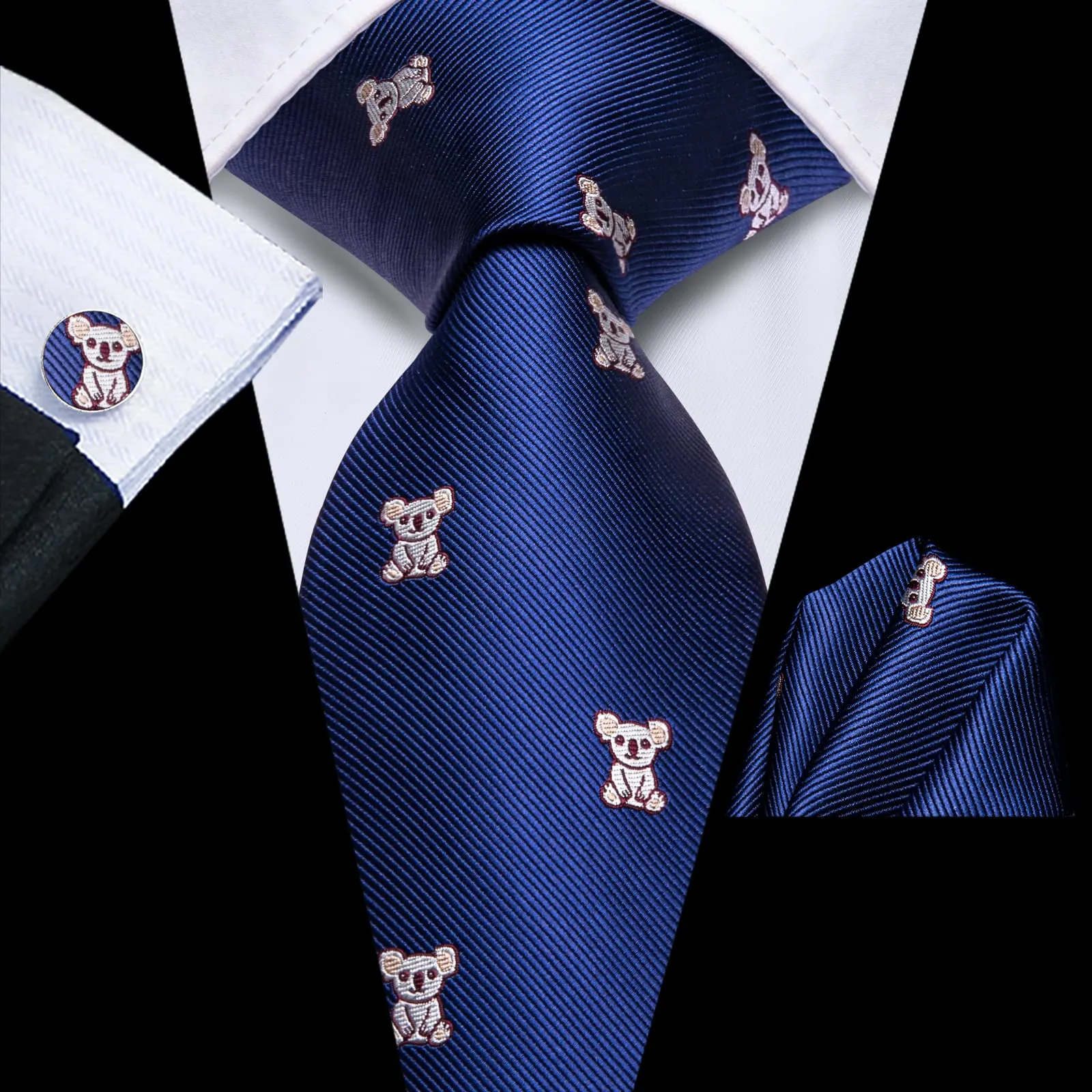 Hi-Tie Deep Blue Bear Novelty Pattern Silk Mens Tie Pocket Square Cufflinks Set