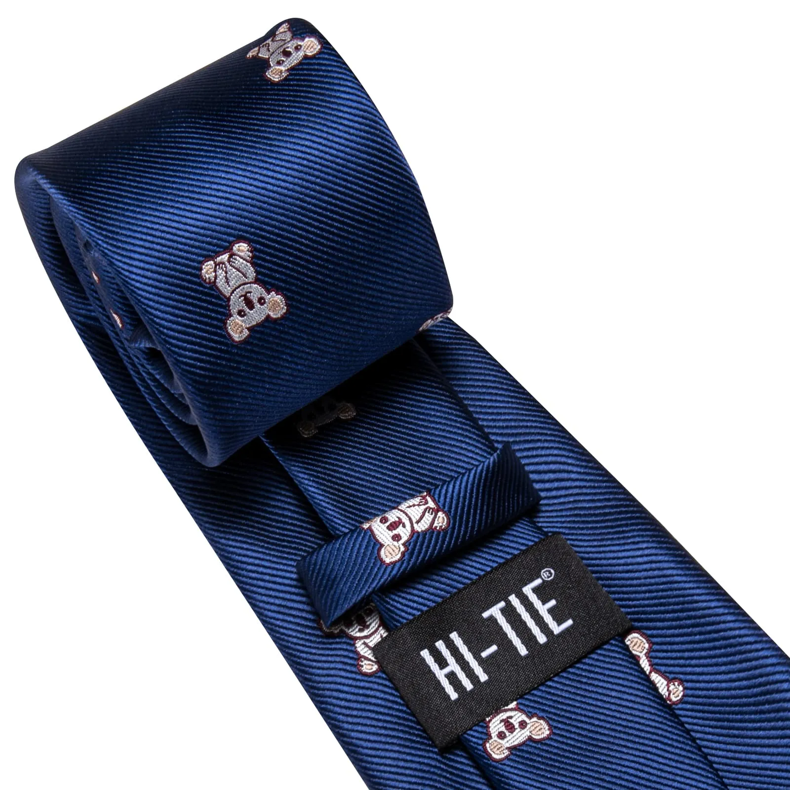 Hi-Tie Deep Blue Bear Novelty Pattern Silk Mens Tie Pocket Square Cufflinks Set