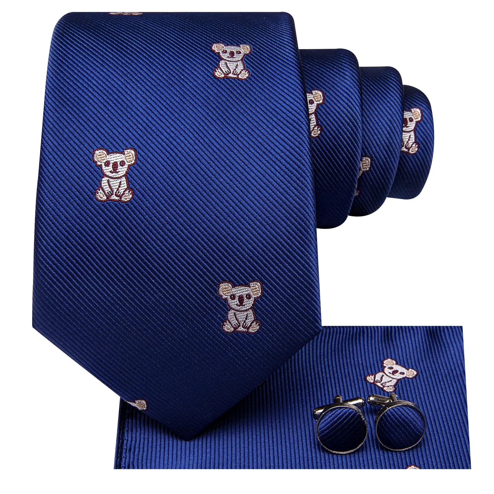 Hi-Tie Deep Blue Bear Novelty Pattern Silk Mens Tie Pocket Square Cufflinks Set