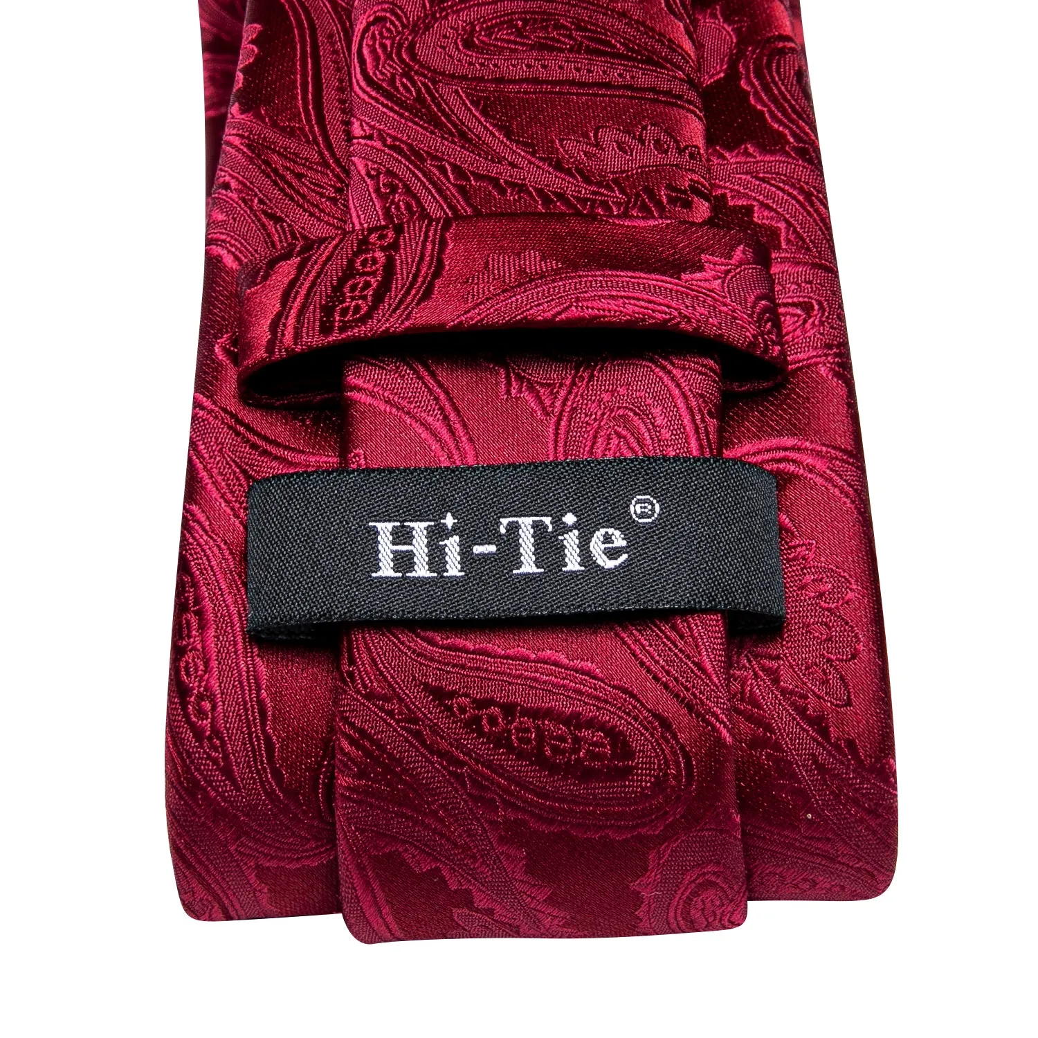 Hi-Tie Deep Red Burgundy Paisley Silk Tie Pocket Square Cufflinks Set