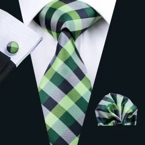 Hi-Tie Green Plaid Silk 63 Inch Extra Long Men Tie Hanky Cufflinks Set