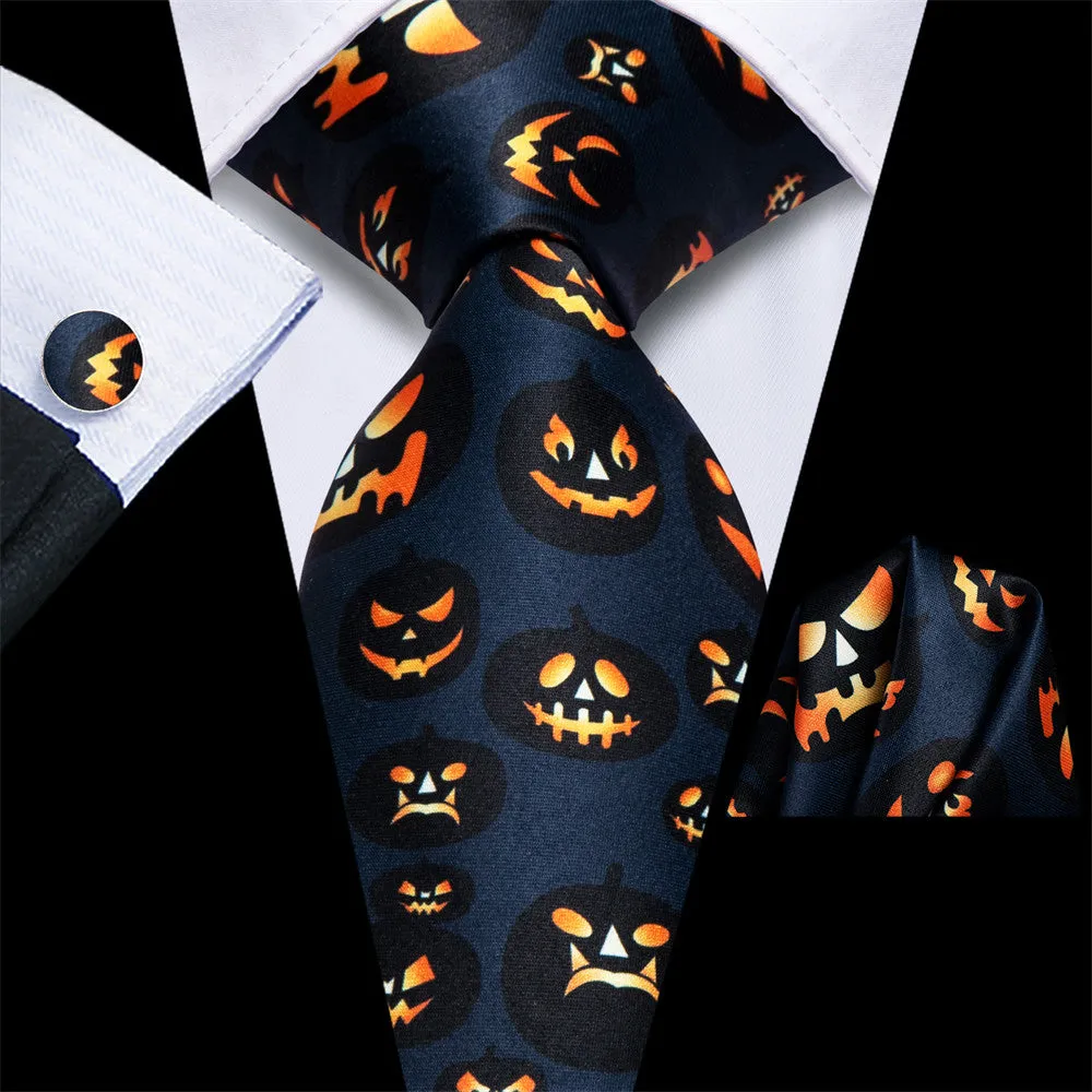 Hi-Tie Halloween Dark Blue Orange Jack-O-Lantern Necktie Pocket Square Cufflinks Set